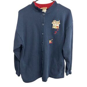 Vintage Top Stitch Navy Cardigan Sweater Embroidered Apple Orchard Sz M Grandma